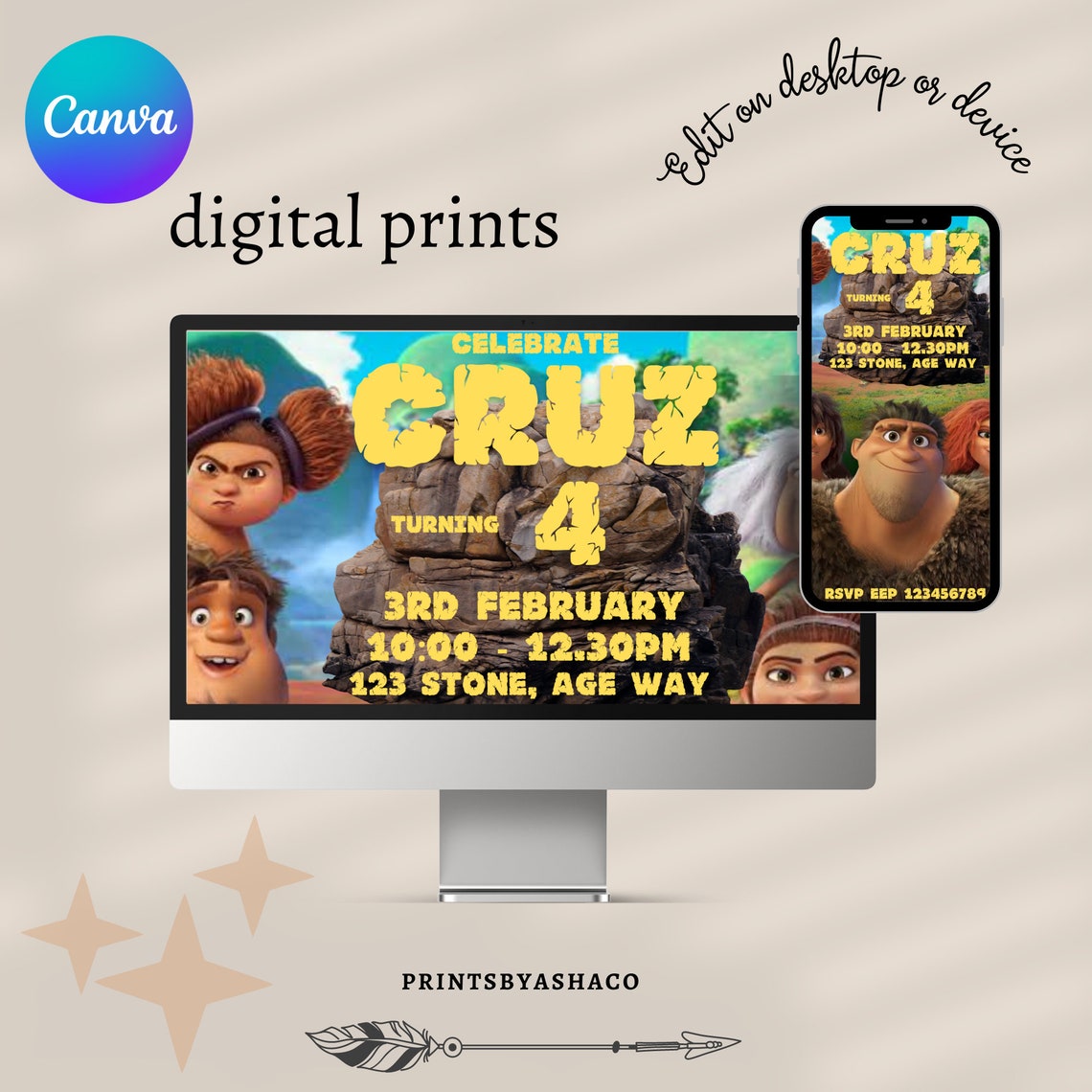 The Croods Birthday Invitation, Digital Invite, Croods Party, Eep and