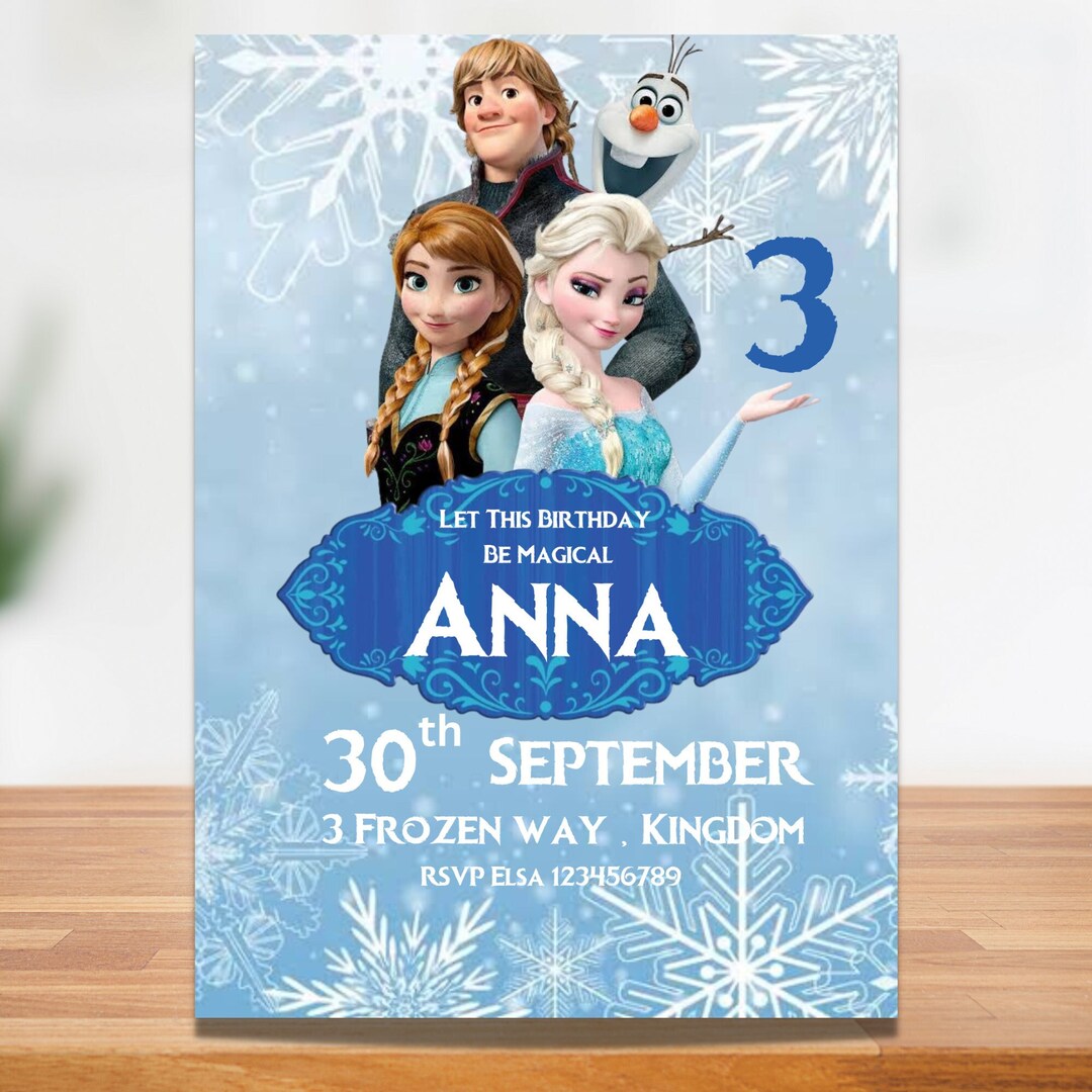 Frozen Birthday Invitation, Elsa and Anna, Oloaf and Kristoff, Blue and