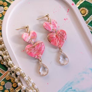 Valentine&#39;s Day Earrings| Pink Heart Earrings| Pink marble Earrings| Valentine&#39;s Day Heart Earrings| Pretty Pink jewelry| Date Night Jewelry