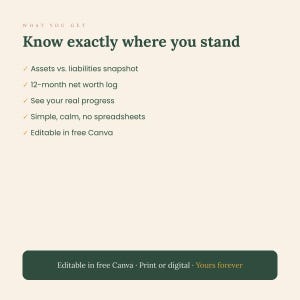 May include: A digital document template with a cream background and dark green text. The header reads: WHAT YOU GET Know exactly where you stand. The list includes: Assets vs. liabilities snapshot, 12-month net worth log, See your real progress, Simple, calm, no spreadsheets, Editable in free Canva. A dark green button at the bottom reads: Editable in free Canva &middot; Print or digital &middot; Yours forever.