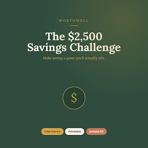 May include: A digital graphic on a dark green background featuring the text WORTHWELL, The $2,500 Savings Challenge, and Make saving a game you'll actually win. A gold dollar sign icon is centered, with three buttons labeled Free Canva, Printable, and Instant $3.