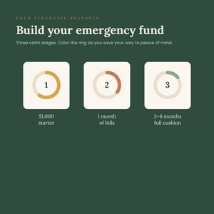 May include: A dark green graphic with the text 'YOUR FINANCIAL SEATBELT Build your emergency fund'. It displays three white squares, each containing a circular ring numbered 1, 2, or 3, with partial color fills in yellow, orange, and green respectively.