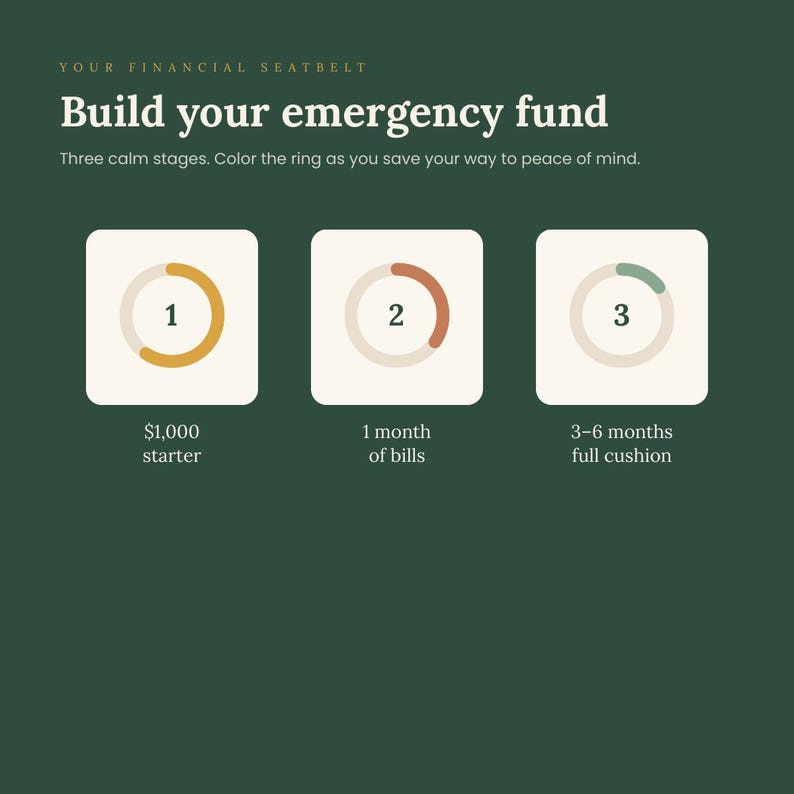 May include: A dark green graphic with the text 'YOUR FINANCIAL SEATBELT Build your emergency fund'. It displays three white squares, each containing a circular ring numbered 1, 2, or 3, with partial color fills in yellow, orange, and green respectively.