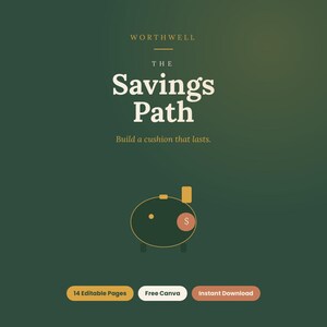 May include: A digital document cover titled WORTHWELL THE Savings Path Build a cushion that lasts. The design features a dark green background with a minimalist yellow outline of a piggy bank containing a dollar sign icon and three buttons below.