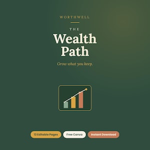 May include: A digital document cover with a dark green background featuring the text WORTHWELL, THE Wealth Path, and Grow what you keep. A central icon displays a bar chart with an upward trend line. Three buttons at the bottom read 13 Editable Pages, Free Canva, and Instant Download.