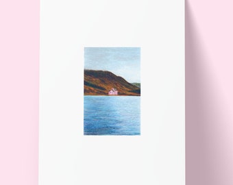 Illustration d'un paysage avec maison rose et bord de mer