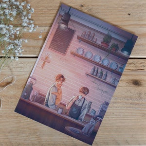 BTS Sope/Yoonseok 'lazy café middag' A5 Art Print | K-pop j-hope & Suga poster fanart illustratie bangtan kat café schattige koffie