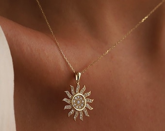 14k Gold Diamond Sunburst Pendant Necklace, Celestial Jewelry