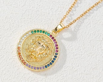 Gold Plated Lion Necklace, Multi Sapphire Sterling Silver Pendant
