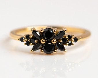 Anillo de compromiso Art Déco vintage con espina dorsal negra, anillo de promesa de plata de ley.