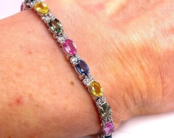 Elegant Multi Sapphire and Diamond Tennis Bracelet | Colorful Sapphire Jewelry
