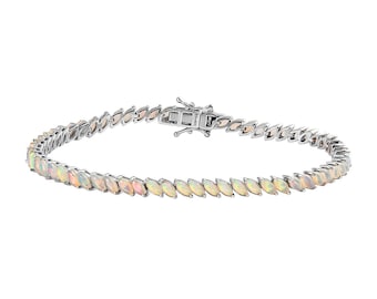 October Birthstone Opal Bracelet - Elegant Marquise Tennis Style, Dainty White Opal Bridal Jewelry