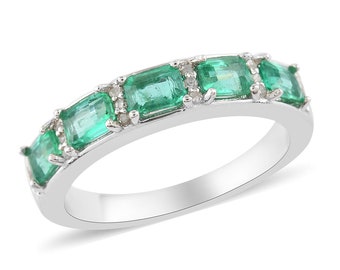 Emerald Diamond 14K Yellow Gold Wedding Band Eternity Band Baguette Emerald And Diamond Ring Vintage Stacking Ring Anniversary Ring Women