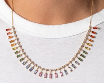 Natural Multi Sapphire Baguette Cut Necklace, Rainbow sapphire choker necklace, Natural rainbow Necklace, Gift For Her,  Christmas  Gift