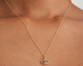 Evil Eye Necklace / 14k Gold Evil Eye Necklace / Diamond Evil Eye with Emerald / Good Luck Necklace / Evil Eye Charm / Mothers Day Sale