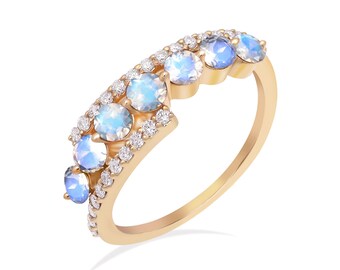 Viktoriansk stil 14k gult guld opal & diamant promise ring