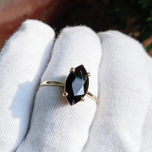 Marquise Black Onyx Ring: Vintage 14k Rose Gold 925 Silver Engagement Ring