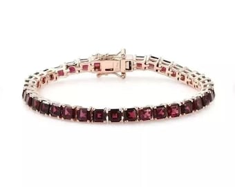 Garnet Tennis Bracelet, 14k Gold Deep Red Gemstone Eternity Bracelet, Genuine Round Red Garnet Link Chain Bangle, Luxury Jewelry Gift