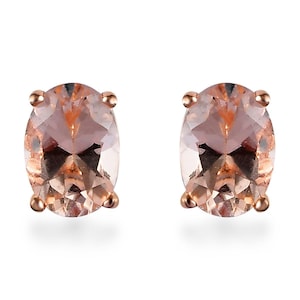 Morganite Earrings, Genuine Peach Morganite Oval Silver 18K Rose Gold Plated 0.80 Carat Stud Earrings, Bridesmaid Gifts, Minimalist Earrings