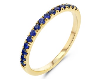 14K Gold Sapphire Ring, Half Eternity Wedding Band, September Birthstone