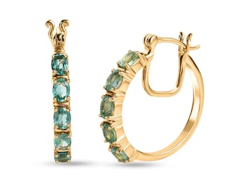 Emerald Huggie Hoop Earrings, Sterling Silver May Birthstone