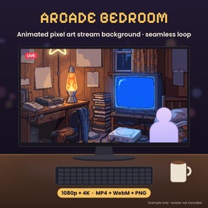 Retro Arcade Bedroom Vtuber Background, Animated Pixel Art Stream Background 4K (Digital Download)