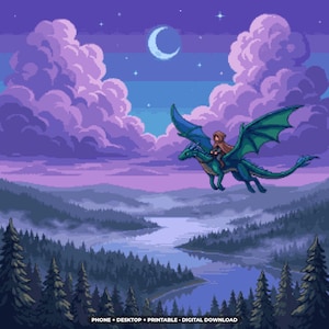 Dragon Rider at Dusk Pixel Art, Dragon Wallpaper for Phone + Desktop (Digital Download)