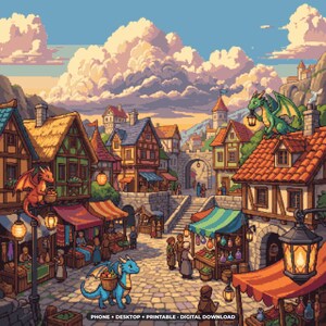 Dragon Market Town Pixel Art, Dragon Wallpaper for Phone + Desktop (Digital Download)