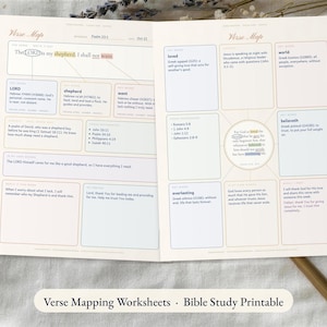 May include: A two-page Bible study worksheet titled Verse Map. The left page analyzes Psalm 23:1, while the right page explores John 3:16. Both pages feature structured boxes for key words, definitions, cross-references, and personal reflections.