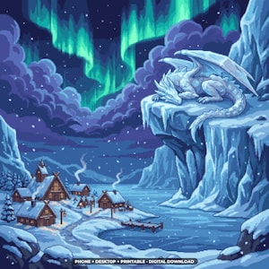 Ice Dragon Fjord Pixel Art, Dragon Wallpaper, Aurora Wallpaper, Phone + Desktop (Digital Download)