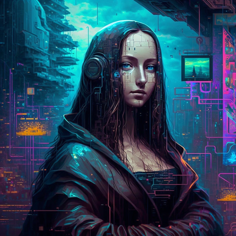 Cyberpunk Mona Lisa Collection Digital Art Print, AI Generated, Wall