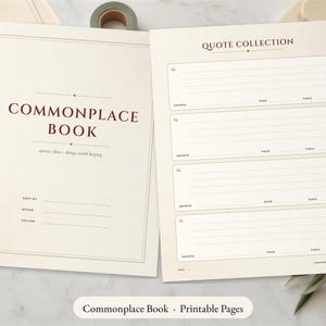 Può includere: Due pagine stampabili color crema. La pagina a sinistra è intitolata COMMONPLACE BOOK con righe per sort by, recur e volume. La pagina a destra è intitolata QUOTE COLLECTION con quattro sezioni dotate di righe per source, page e topic.