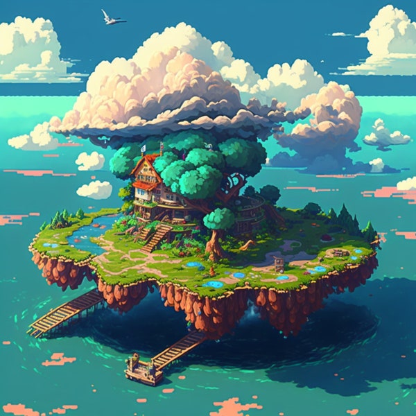 16 Bit Pixel Art - Island In The Clouds