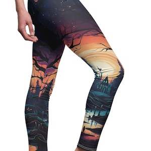 Halloween Leggings für Frauen, gruselige Spukwald Kürbis Print Gothic Witchy Yoga Hose Schwarz Leggings