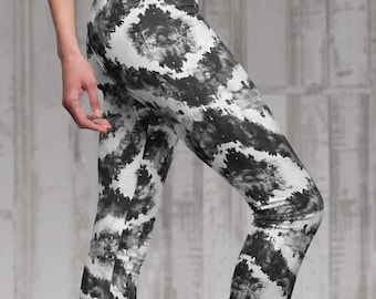 Czarno-białe, barwione metodą tie-dye damskie legginsy casualowe
