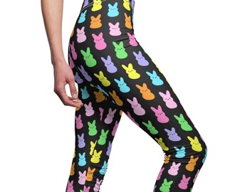 Colorful Rainbow Marshmallow Bunny Women's Casual Leggings in Black