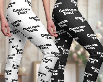 May include: Two pairs of black and white leggings with the text "Custom Text" repeated in a pattern.