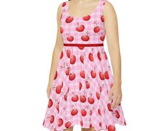 Coquette Damen Pink Bow Cherry Sommerkleid mit rosa kariertem und rotem Band
