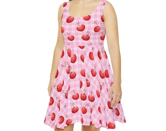 Kokette Frauen Pink Bow Cherry Sommerkleid mit rosa Karo