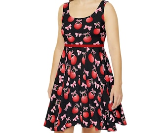 Kokette Frauen Pink Bow Cherry Sommerkleid in Schwarz mit einem roten Band