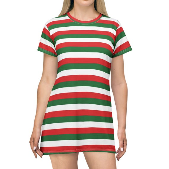 Red Green White Stripe T-Shirt Dress | Christmas Candy Cane Striped Dress