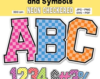 Neon Checkered Letters, Numbers & Symbols | Bubbly Font (Digital Download)
