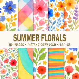 Summer Floral Watercolor Digital Papers, Spring Flowers Scrapbook Paper, Bright Flower Backgrounds, Commercial Use |  Mega Pack