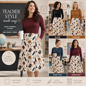 May include: A long-sleeve dress featuring a solid-colored bodice and a cream-colored skirt with a repeating pattern of books, feathers, eyeglasses, and potion bottles. The dress includes functional side pockets and an A-line silhouette. Available in black, caramel, dark teal, and burgundy.
