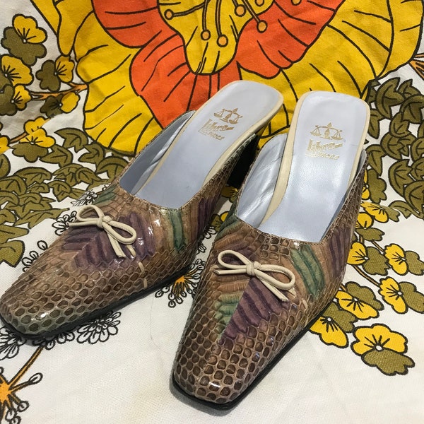 snakeskin print mules