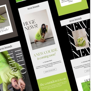 May include: A neon green and black email newsletter template bundle for digital creators. The bundle includes customizable Flodesk email templates, sample email copy, and endless design combinations. The text "neon edition" is displayed in a black box with a green border. The text "check it out!" is written in green with a green arrow pointing to the right.