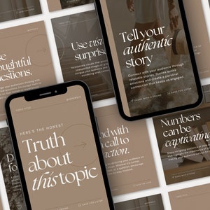 Pode incluir: Um conjunto de modelos de postagem para mídia social com dicas para criar conteúdo envolvente. Os modelos apresentam um fundo marrom com texto branco e ilustrações. Algumas das dicas incluem "Conte sua história autêntica", "Use a surpresa visual", "Faça perguntas ponderadas", "A verdade sobre este tópico", "Números podem ser cativantes", "Envolva seu público" e "Provoque soluções úteis".