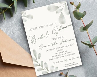 May include: A white bridal shower invitation with a grey floral design. The invitation reads "Please join us for a Bridal Shower honouring Samantha Johnson, Saturday January 14th, 2023, 3:00PM, 144 Cherry St, Baton Rouge, LA 70803, RSVP to Brittany: 666-555-5666, Gifts and Wishes Registered at Target and Amazon."