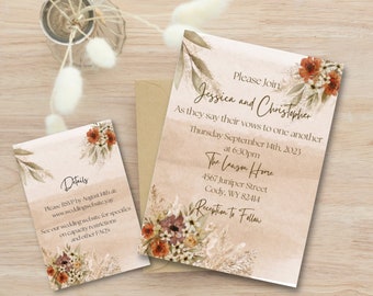 May include: A wedding invitation with a rustic theme. The invitation features a floral design with dried flowers and pampas grass. The text on the invitation reads "Please Join Jessica and Christopher as they say their vows to one another Thursday September 14th, 2023 at 6:30pm The Lanson Home 4567 Juniper Street Cody, WY 82414 Reception to Follow".