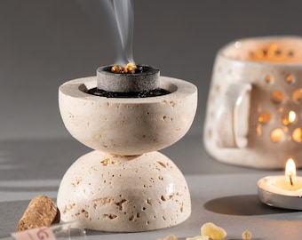 Minimalist incense burner | handmade decor travertine | Bakhoor burner for charcoal palo santo frankincense and etc insence Japandi Hygge